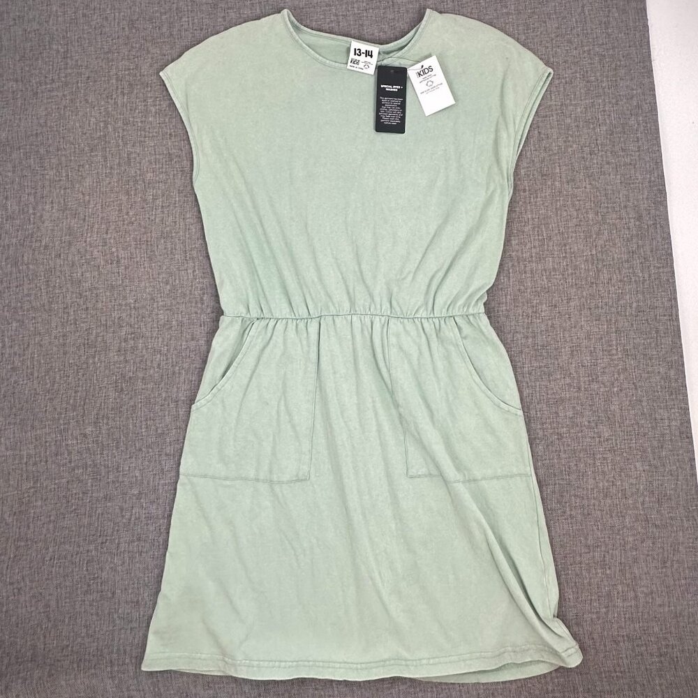 NEW! Cotton On Girls Kids Dress Pale Green 13-14 Cap‎ Sleeve Pockets Round Neck